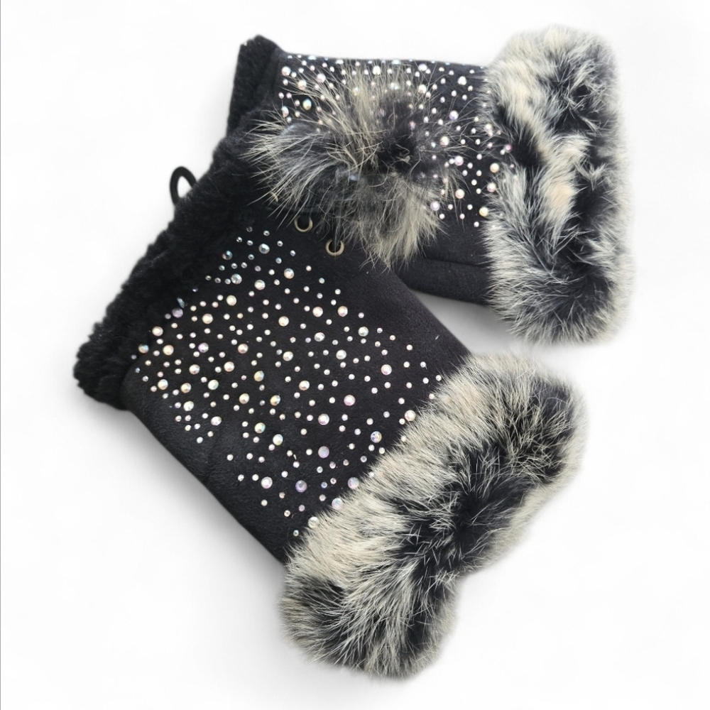 NWT Black Fancy Fur-Trimmed Rhinestone Hand Warmers